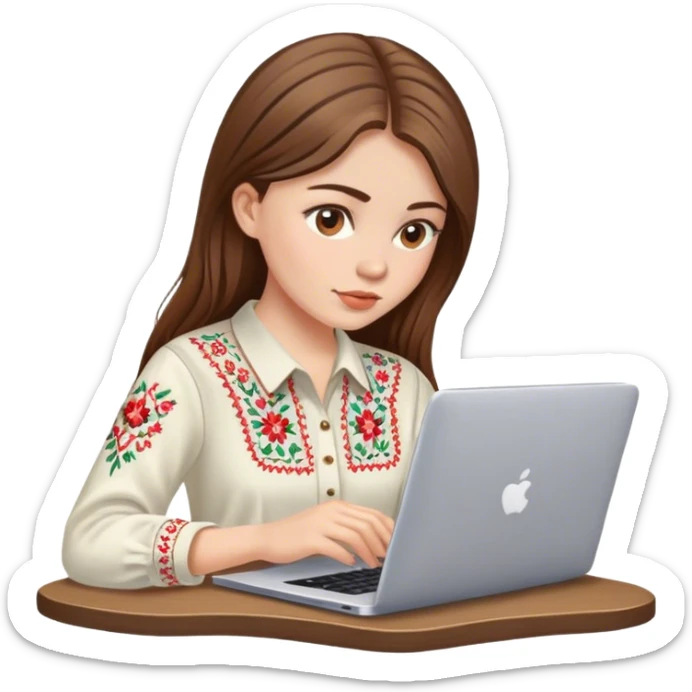 A Ukrainian girl with brown hair in an embroidered shirt works at her laptop sticker