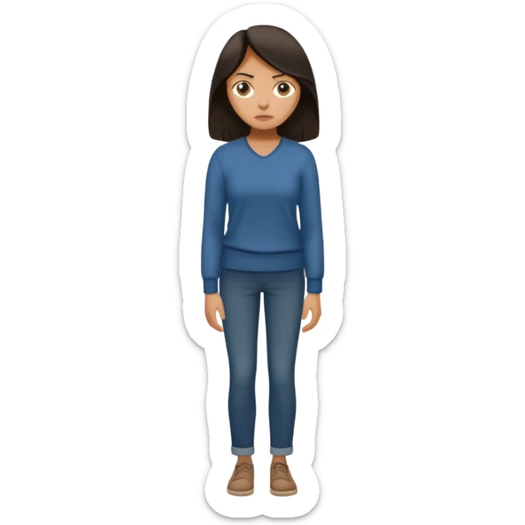 "Cartoon emoji of a woman with long, loose dark hair, wearing plain, simple clothes. Full-height, standing, nervous, unsure, worried expression. Slightly hunched, anxious posture. Smooth, simple, stylized." sticker