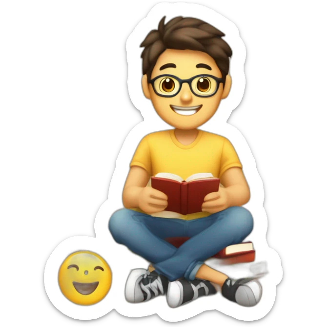 joven estudiante con muchos libros, sonriente y muy feliz con un libro en sus manos y en su cabeza, junto a muchos libros y una lampara sticker