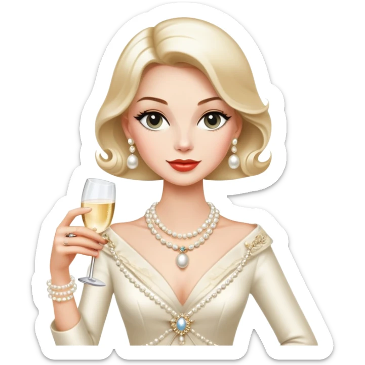 Elegant Western socialite with designer clothes, pearl necklace, champagne glass, luxury lifestyle sticker