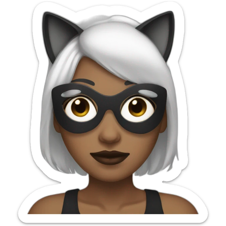 A woman with white hair and cat ears and a black mask around her eyes sticker