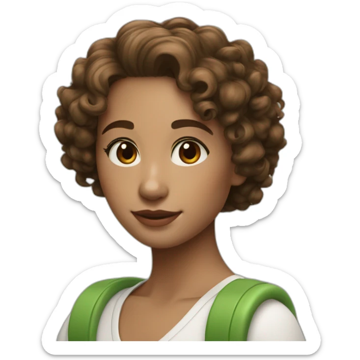 curly girl with brown bob hair brown eyes in AirPods Pro green sticker