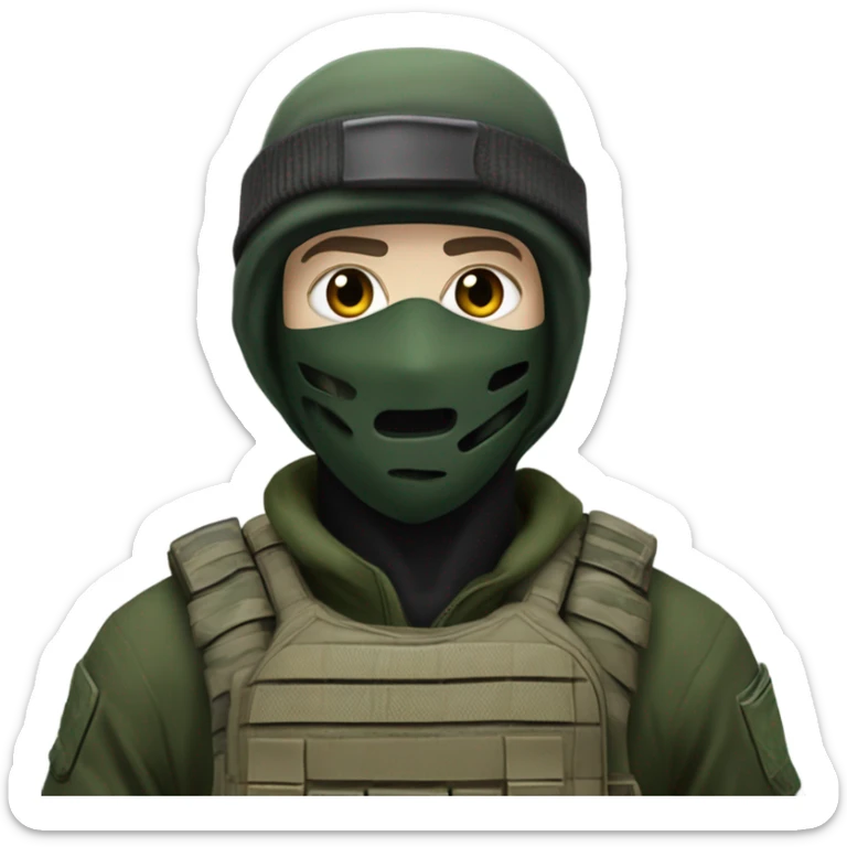 white male, pale skin, call of duty dark mask, green camo tactical gear, combat boots, black beanie, hazel eyes sticker