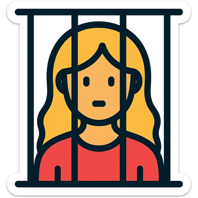 golden girl with long hair stuck behind jail bars, color outline icon sticker