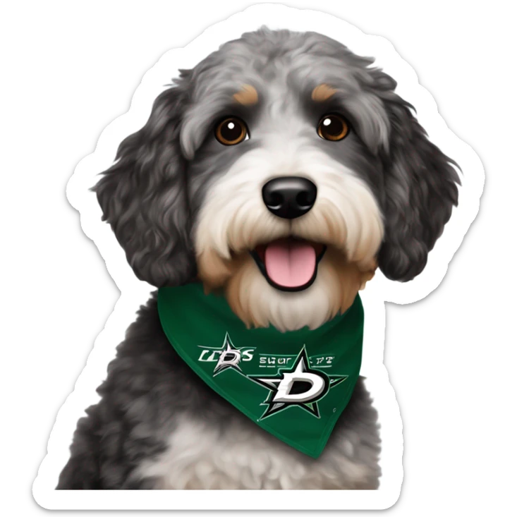 Aussiedoodle wearing a neck bandana with the NHL Dallas Stars hockey team logo sticker