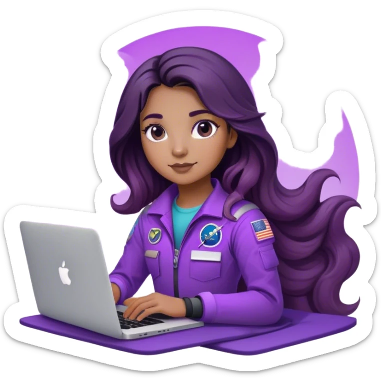girl astronaut with purple suit, lashes, long ombre black/brown wavy hair and one macbook sticker