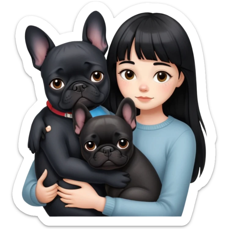 girl with long black  straight bangs hair and hugging one Black French Bulldog sticker