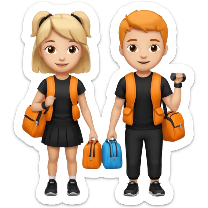 light skin students girl and boy with school bag full of books on back and dumbell in hand. Clothes are in black and orange colours. They are going to the gym sticker