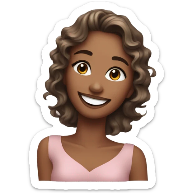 An emoji of a smiling woman with wavy, shoulder-length hair, wearing sparkling eye makeup and a soft, friendly expression. One hand gently touches her face, showcasing her elegance and joy sticker