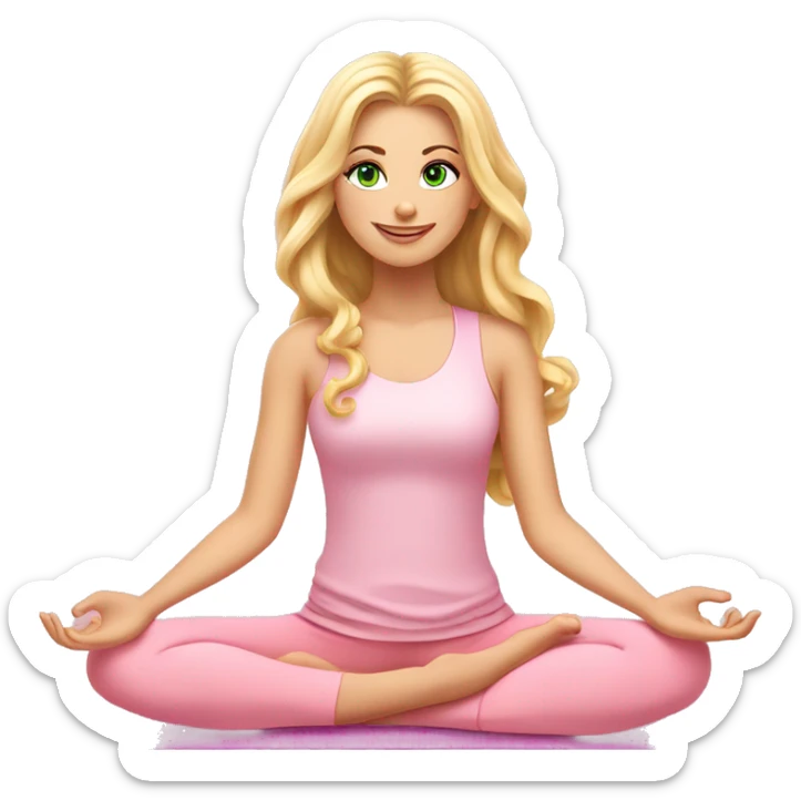 blonde long curled hair and green eyes yoga beautiful girl in light pink pink pink clothes sitting on a yoga mat sticker