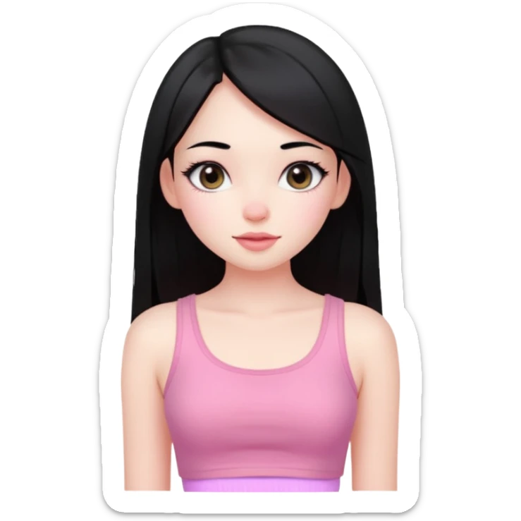 Cute girl with black hair long straight with pale skin and with pink crop top coquette sticker