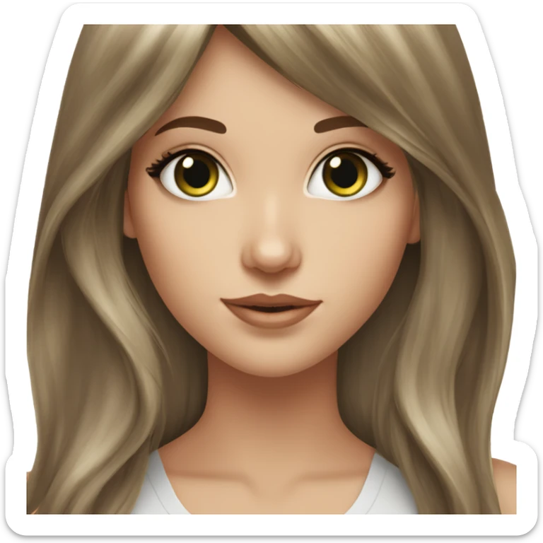 White girl green eyes with long length voluminous brown hair with brown highlights balayage bangs sticker