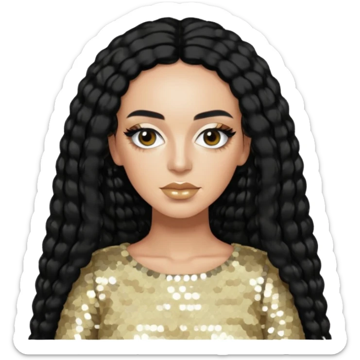Solange from Destiny's Child with long black hair, cream sequin outfit  sticker