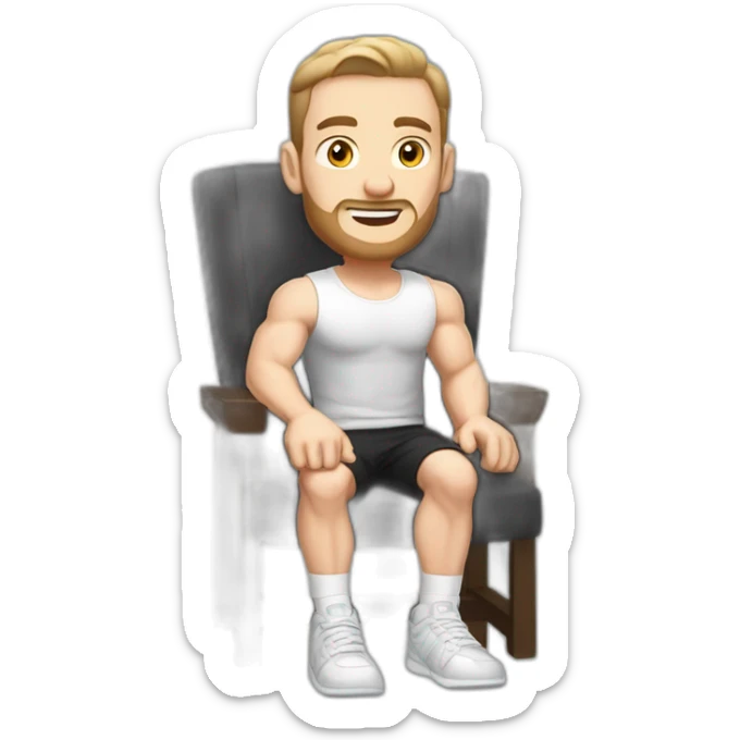 Pale skinned Fit Man With the biceps and dark brown hair in black shirt, gray sports shorts and white Sneakers Sitting on a chair sticker