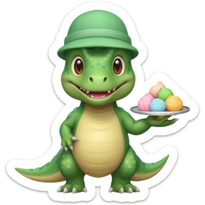 quiero un dinosaurio divertido con delantal y gorro de pastelero y en la mano un pastel sticker