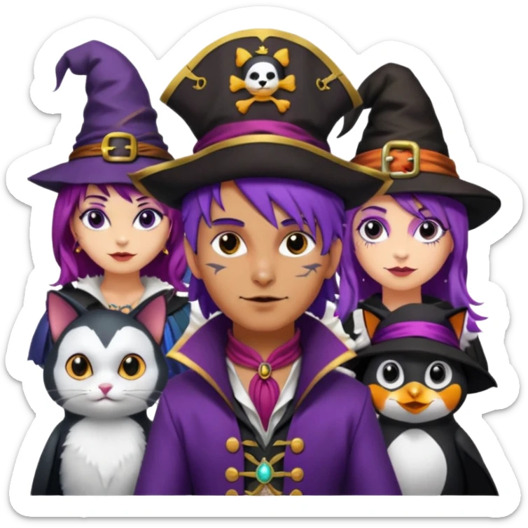 Um homem vestido de pirata,um gato de mágico,uma mulher de cabelos roxos e um pinguin vestido de bruxa sticker