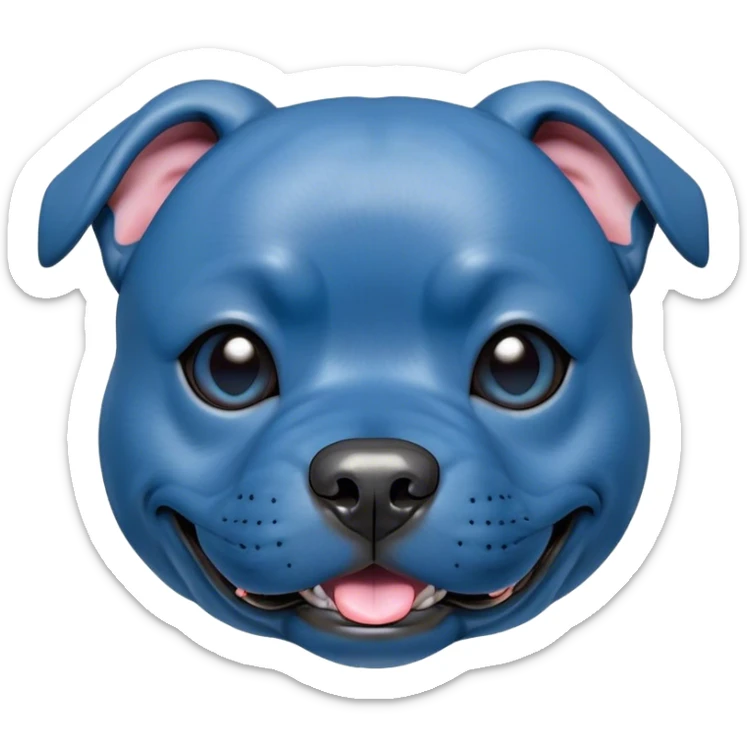 Cinematic Comical Blue Staffordshire Bull Terrier Portrait Emoji, Head tilted dramatically with an exaggeratedly amused expression, featuring a striking blue Fur with a subtle shimmer, wide, expressive dark eyes filled with playful disbelief, Simplified yet hilariously expressive features, highly detailed, glowing with a slightly sassy glow, high shine, dramatic yet playful, stylized with an air of cheeky mischief, bright and endearing, soft glowing outline, capturing the essence of a spirited and over-the-top guardian, so meme-worthy it feels like it could side-eye its way into internet fame instantly! sticker
