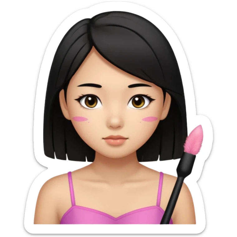 a tan chinese-american 15 year old girl with straight black hair down to her chest. mascara and a little blush. sticker