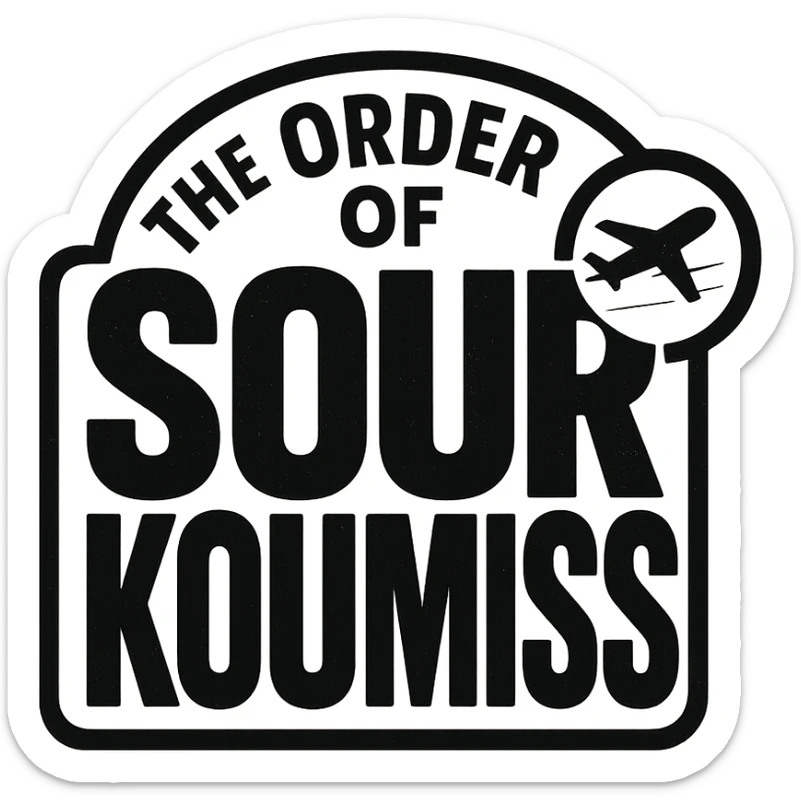 A retro 90s logo for 'The Order of Sour Koumiss' with bold typography and a subtle travel-related icon, in black and white sticker