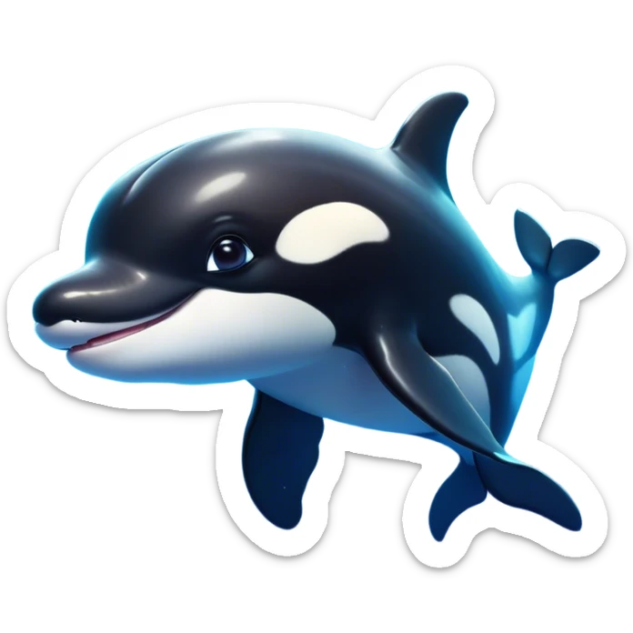 Cinematic Cute orca Portrait Emoji, Head tilted playfully and inquisitively, featuring a smoothly rounded body with bright, sparkling eyes and an adorable, friendly smile, Simplified yet irresistibly adorable features, highly detailed, glowing with a warm, ocean-blue glow, high shine, affectionate and lively, stylized with a touch of whimsical aquatic charm, soft glowing outline, capturing the essence of a mischievous yet endearing orca that seems as if it could leap right into your heart! sticker