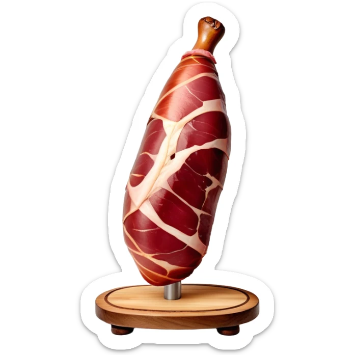 _cinematic-realistic-spanish-ham-leg,-depicted-as-a-massive,-cured-leg-of-jamón-serrano-(ham)-with-a-deep-reddish-brown-hue on the outside,-intricately-marbled-and-slightly-glossy-with-age,-elegantly-displayed-on-a-rustic-wooden-stand-and-bathed-in-warm sticker