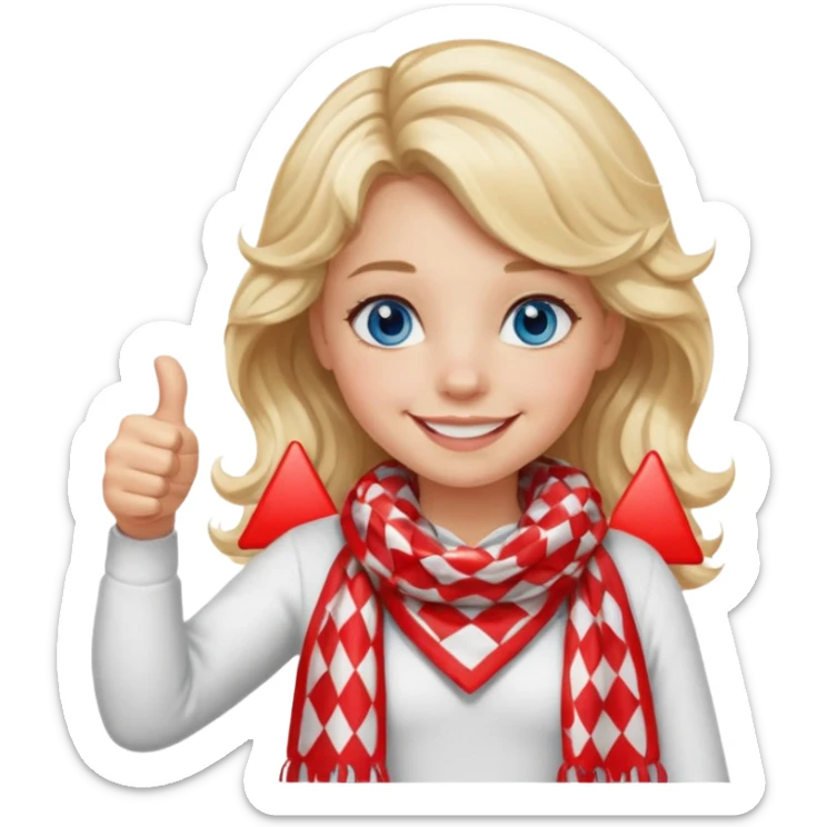 Blonde Girl, Blue Eyes, wavy hair, smiling, thumbs up, wearing red Checkered Triangle scarf, white dress sticker