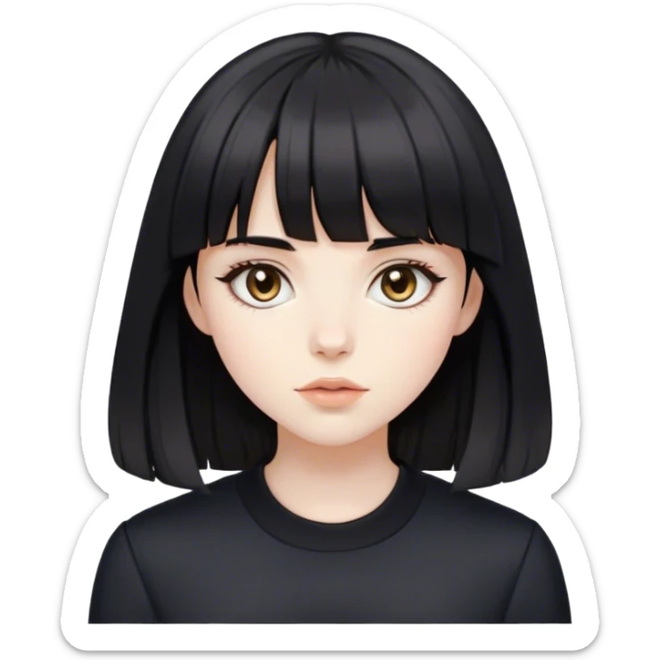a pale white feminine girl with medium length slightly wavy black hair and bangs with big light brown eyes looking like a porcelain doll with black clothes sticker