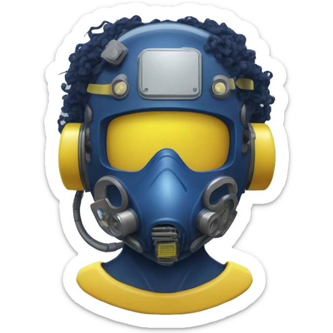 Dark Blue curly hair cyborg head with yellow respirator mask and circuitry sticker
