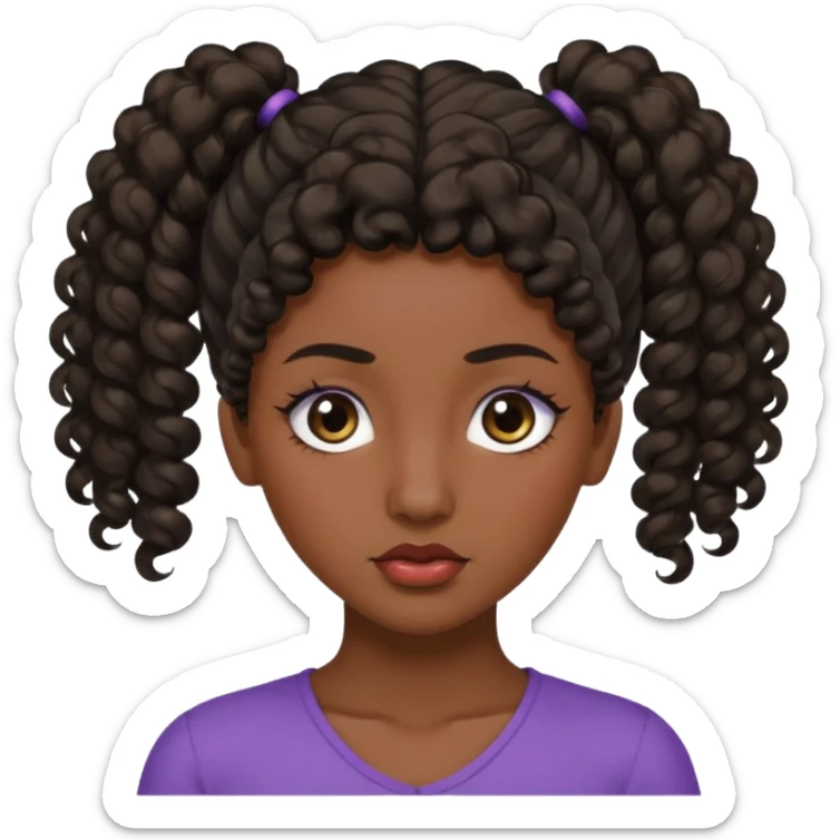 emoji sucking its lips in with one eyebrow up and the other one down dark skin and curly hair in one ponytail with eyelashes up to her hair sticker