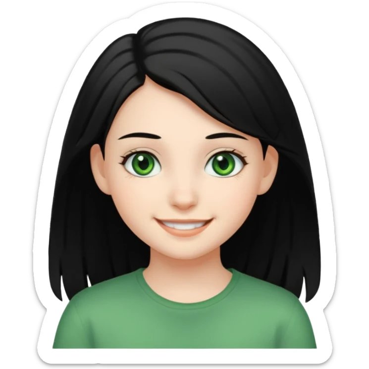 teenage girl with green eyes and black hair, smiling sticker