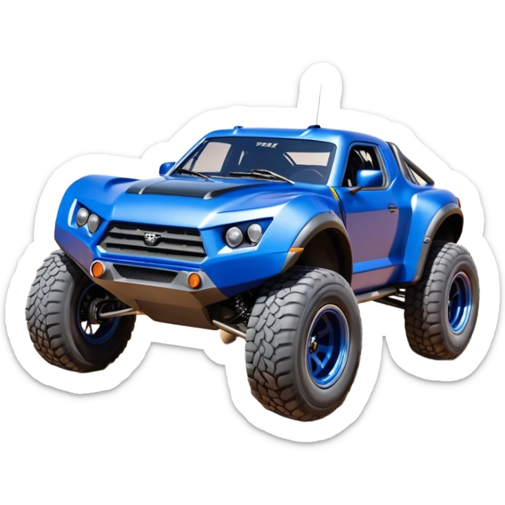Satan’s (post race) ultra blue wide-body Dirty and dented Local Motors Rally Fighter off road race car hot rod trophy truck-style flying turning a tight corner (silver wheels) sticker