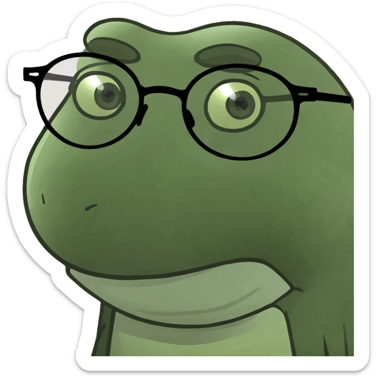 a girl with blue eyes, blond hair in pigtails, wearing round glasses, bufo frog meme style sticker
