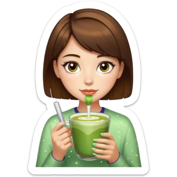 pink soft girl aesthetic short brown hair girl makeup, skincaRE, SPARKLES, AND MATCHA LATTE sticker