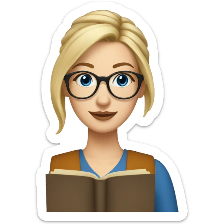 Woman librarian blonde hair In a Bun brown glasses blue eyes with a book sticker
