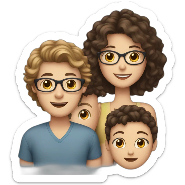 white family group consisting of man with short hair and blue eyes, woman wih dark curly hair, boy with glasses and brown hair, 2 girl with brown hair sticker