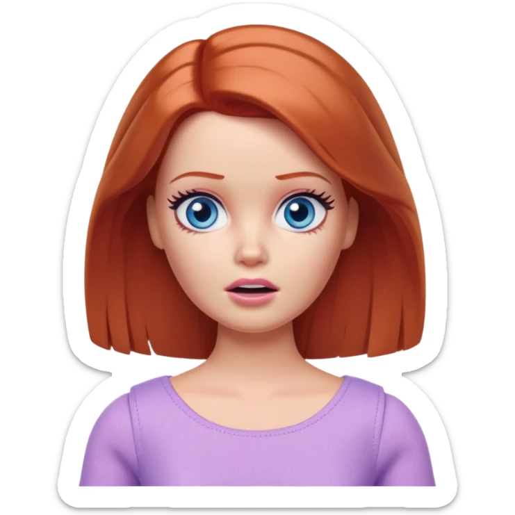 Barbie girl Chestnut-red Shoulder-length hair and blue eyes is In pale purple clothes a Feels terrified sticker