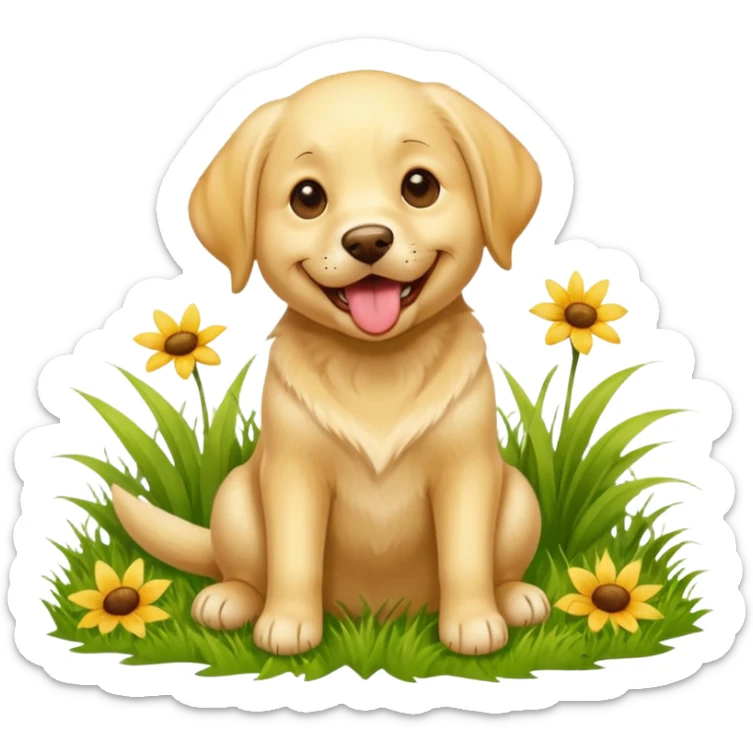 A yellow Labrador Retriever sitting on a grassy field, smiling with its tongue out under bright sunlight. Realistic lighting, outdoor park setting, friendly expression, high detail. sticker