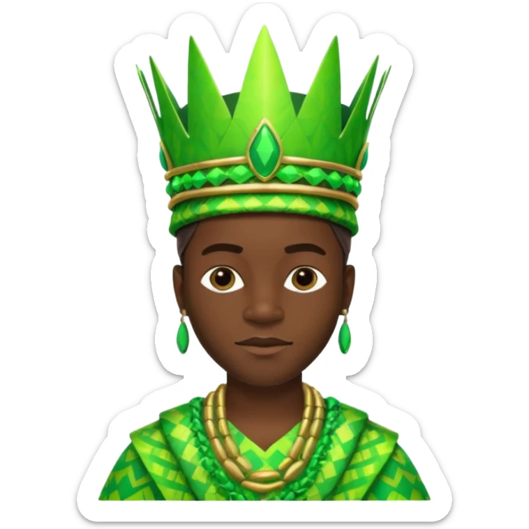 Create me an emoji of a cool Young Nigerian king wearing a neon green gradient African patterns with metallic "hula hat" (a Nigerian-inspired hat).  sticker