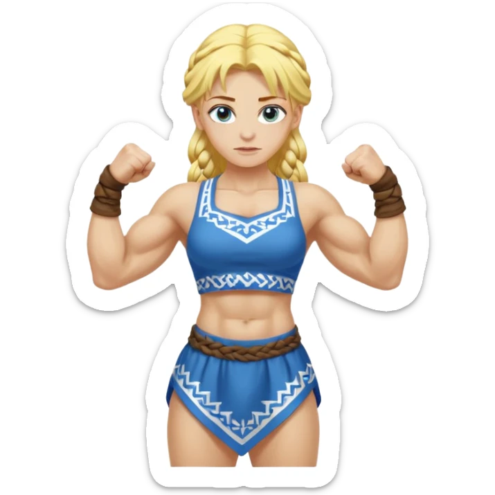 slavic girl, medium size yellow hair, flexing muscles, full body, muscled, with traditional slavic outfit, blue eyes sticker