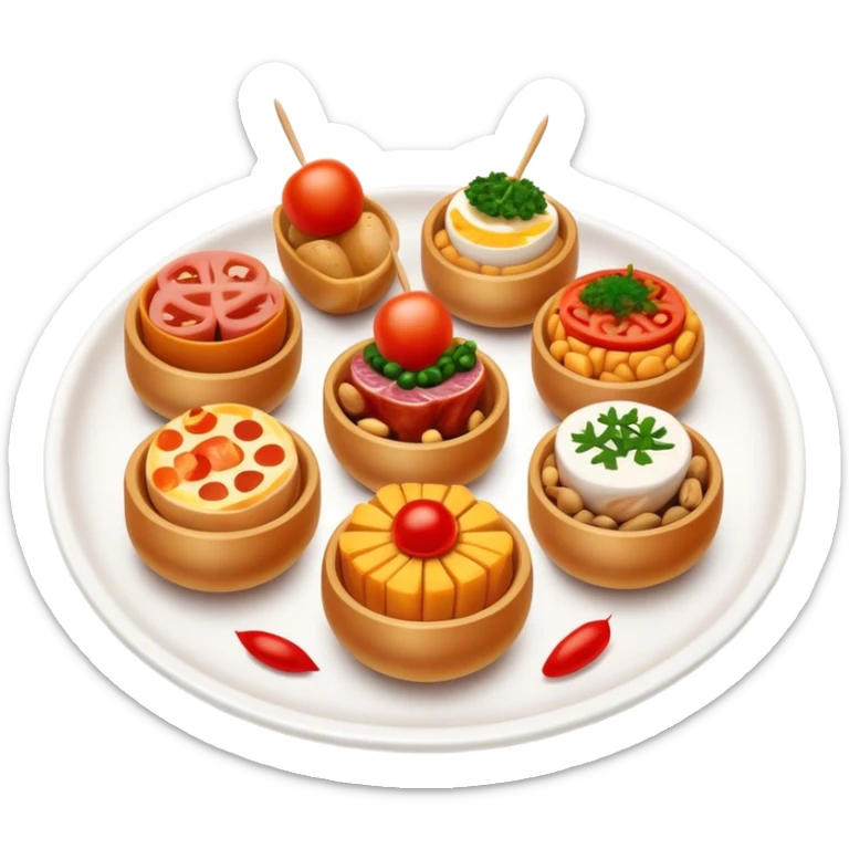 Tapas (4 Pintxos) Cinematic Realistic Tapas Dish Emoji, depicted as an assortment of 4 pintxos elegantly arranged on a plate, rendered with lifelike textures and vibrant, inviting lighting. sticker