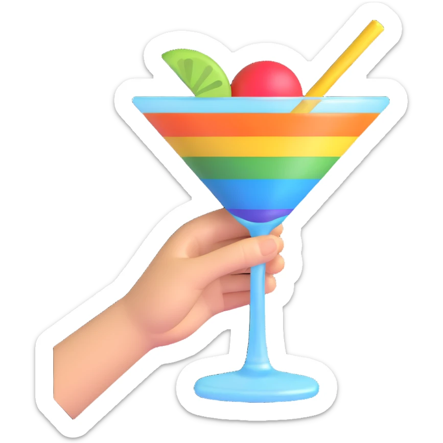 rock 'n' roll emoji hand gesture holding a martini glass, with a rainbow in the background sticker