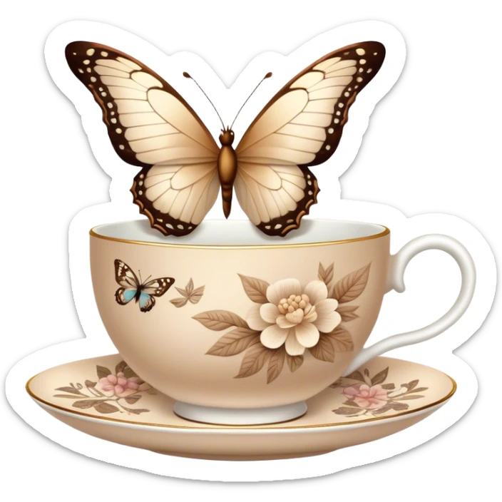 A delicate butterfly with pastel beige  wings, resting on the edge of a perl porcelain teacup adorned with intricate brown floral patterns. sticker