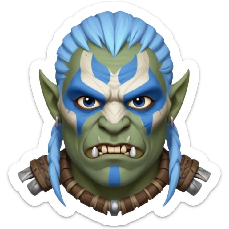 Fantasy orc portrait emoji, white and blue frost war paint on face, harsh winter warrior mood, strong expression, minimal tribal design, clean readable emoji style, male/female variant
 sticker
