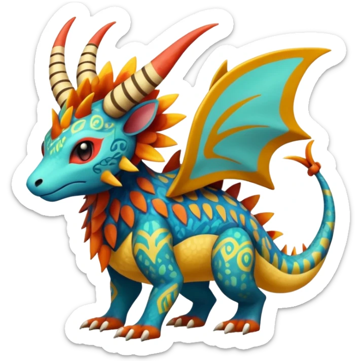 Colorful Exotic La Creatura Pokémon-Fakémon-hybrid-creature (full body) with tribal intricate splash-markings and patterns and furs and scales and spikes and fins and horns  sticker