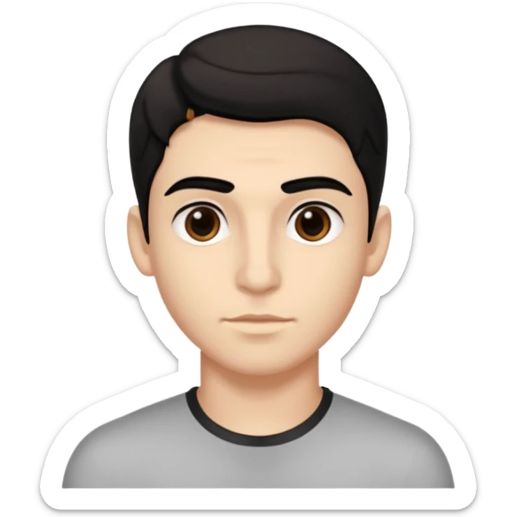 emoji a medio cuarpo, de un joven, con cejas gruesas, nariz medio grande, hombros anchos, sin sonrisa, hombros anchos, cabello medio ondulado con un corte juvenil, cabello negro. ojos negros. sticker