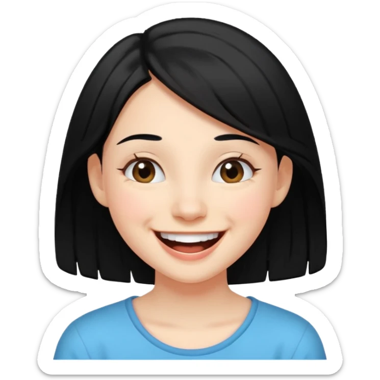 
young girl, 18 years old, black hair, laugh out loud emoji sticker