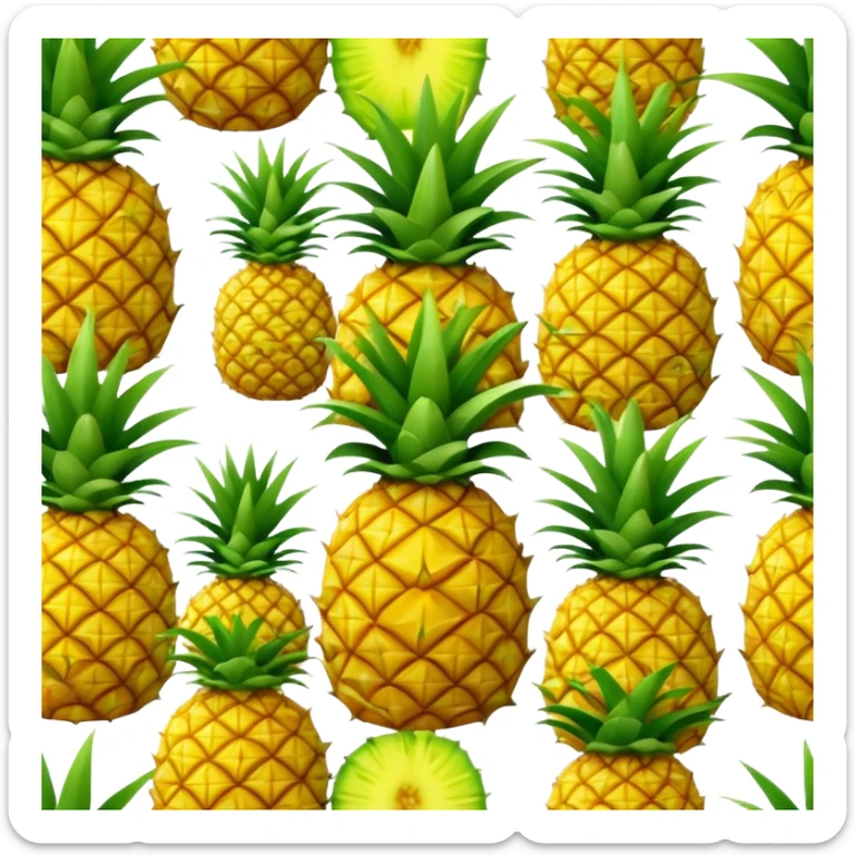 Cinematic Realistic Pineapple Emoji, Tropical and vibrant, with a golden-yellow textured skin and a crown of spiky green leaves on top. The body of the fruit is sharply geometric, its surface rich with natural patterns. Soft glowing outline, capturing the essence of exotic sweetness and tropical flair in a fresh pineapple! sticker