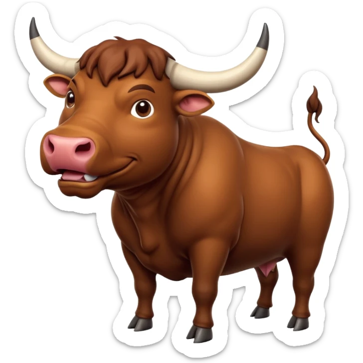 An adorable full-body 3d brown bull with large and exaggerated features in the shape of a ball. Make the background white sticker