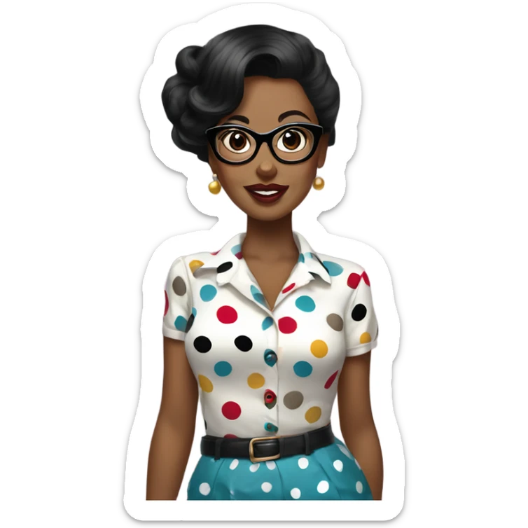 Black haired woman who wears classic pinup blouse with polka dots and big eyecat glasses  sticker
