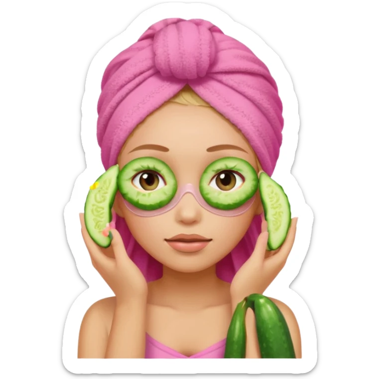 Girl with pink towel in hair cucumber slices covering eyes sticker
